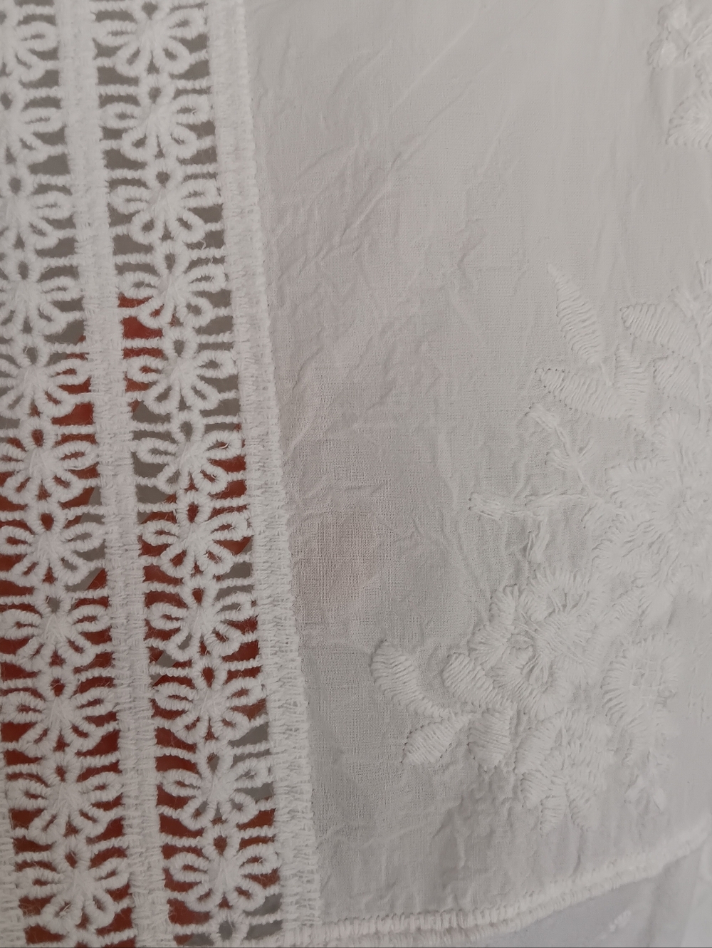 Democracy White Embroidered Crochet Lace-Trim V-neck 3/4 Sleeve Cotton Top XLg - Picture 7 of 9